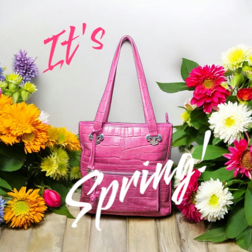 **Rare Vintage Brighton Hot Pink Croc Fleur-de-lis Sholder Bucket Handbag